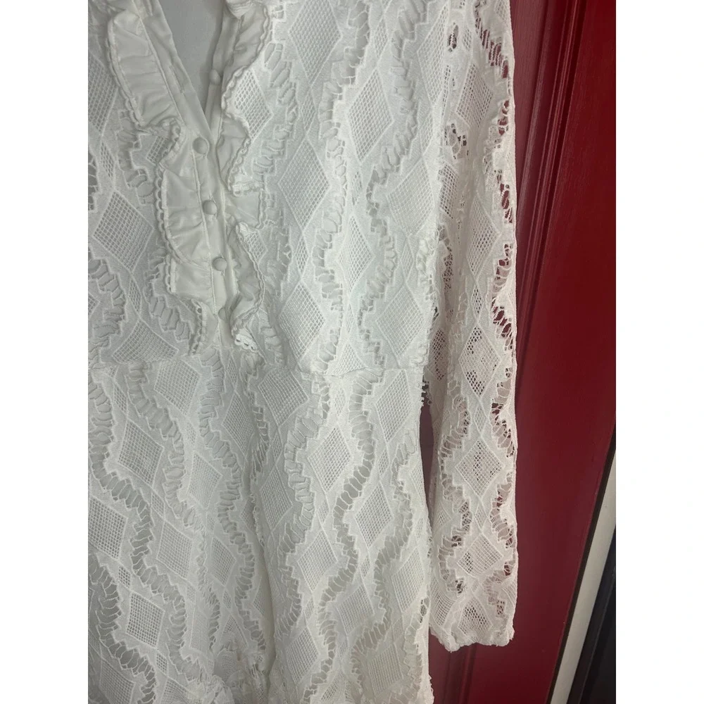 Melloday‎ Lace Mini Dress White Ruffle Long Sleeve Bridal Baby Shower Boho XL